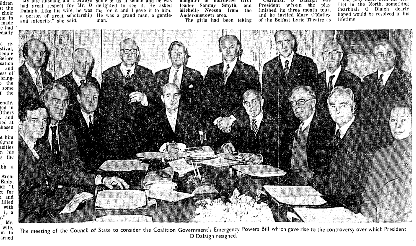 Image from the Irish Press, March 22 1978, depicting the meeting of the Council of State in September 1976 which considered the Emergency Powers Bill.